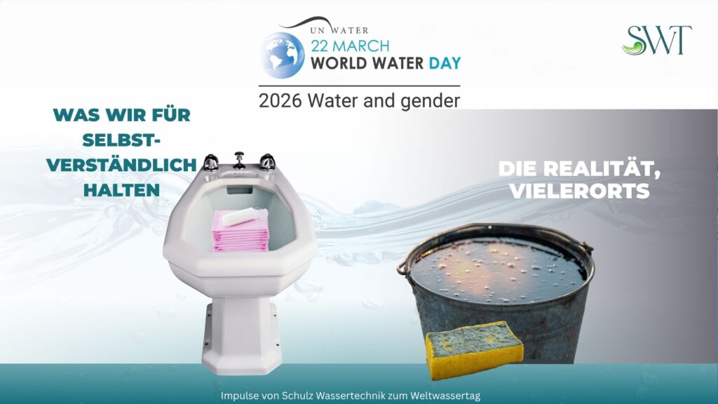 WWD26-water-and-gender Bildvergleich zum Weltwassertag 2026: links ein Bidet mit Menstruationsprodukten, rechts ein Eimer mit trübem Wasser und einem Schwamm.