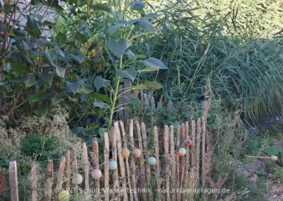 Pflanzenkläranlage mit Staketenzaun und Gartendekoration als Einfassung
