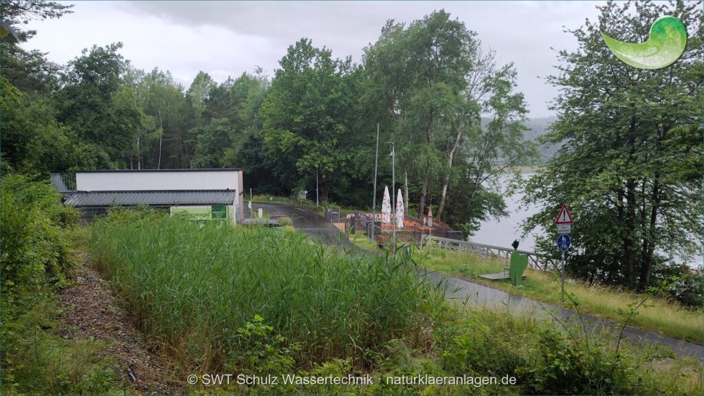Naturkläranlage am Bootshaus: dicht bewachsenes Schilfbeet am Hang, dahinter Kiosk und Stausee