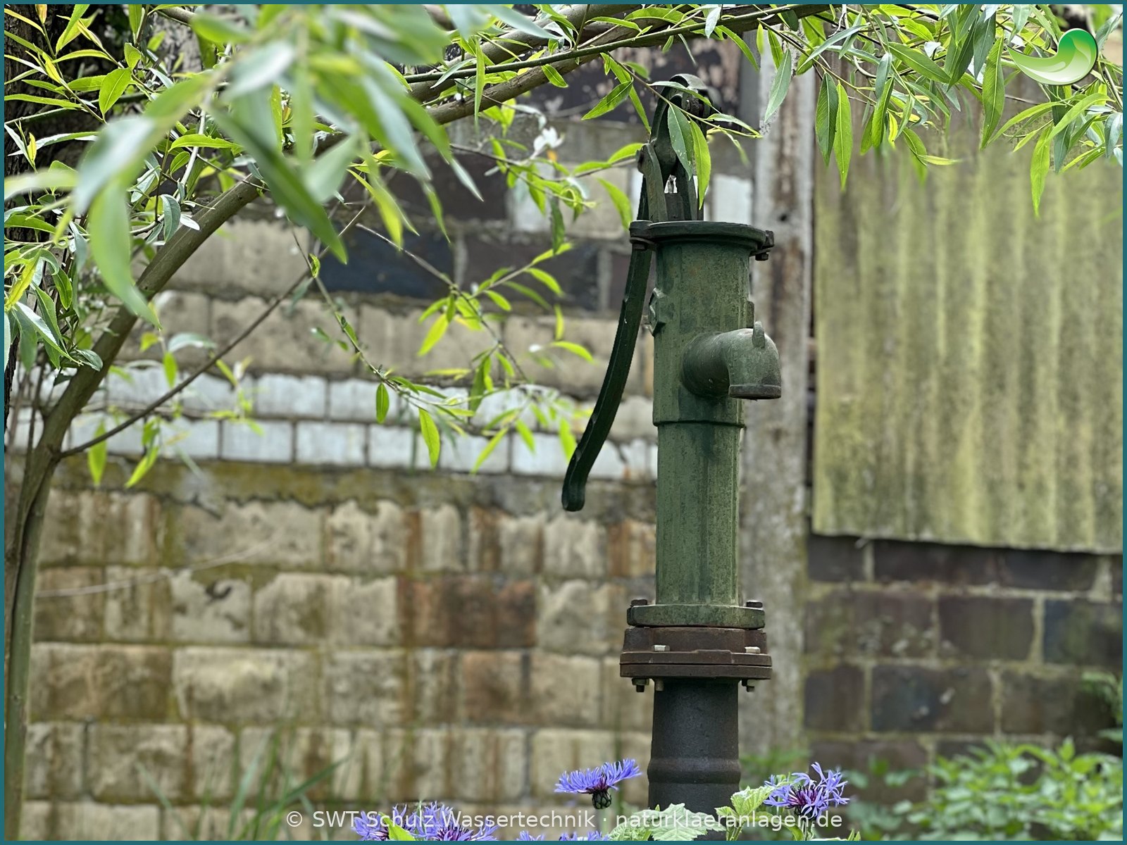 Handpumpe im Garten Alte gusseiserne Handpumpe im Garten vor einer Backsteinmauer, darunter blühende Kornblumen