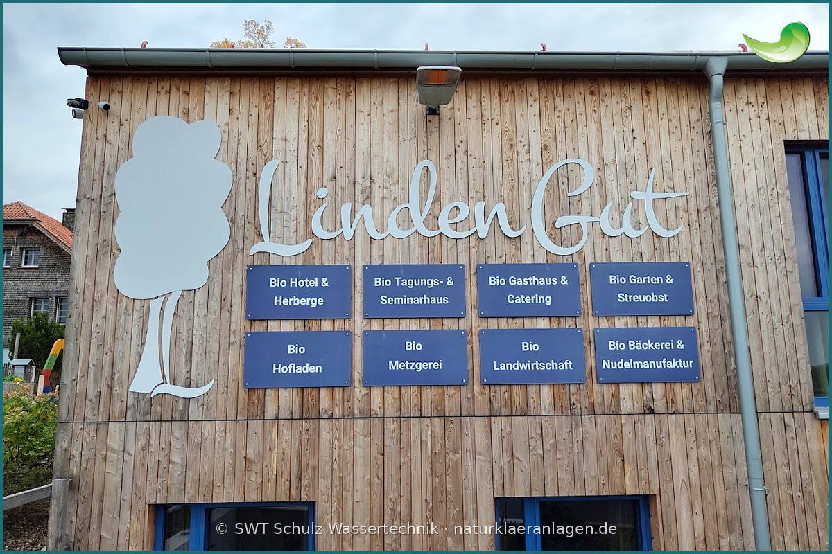 Holzfassade des LindenGut in Dipperz mit den Schildern der Betriebszweige: Bio Hotel und Herberge, Tagungs- und Seminarhaus, Gasthaus und Catering, Garten und Streuobst, Hofladen, Metzgerei, Landwirtschaft, Bäckerei und Nudelmanufaktur